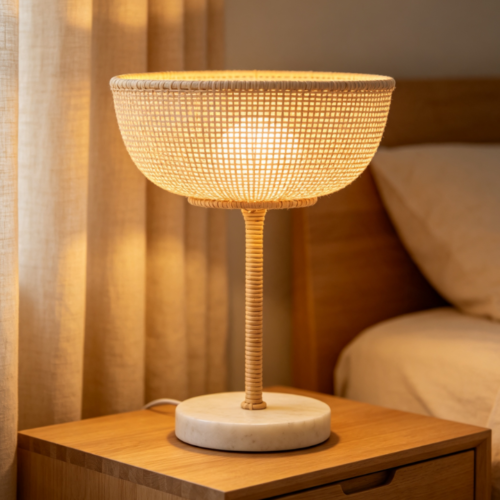 Hand-Woven Rattan & Marble Base Sleep Lamp – Vintage-Style Bedside Lamp