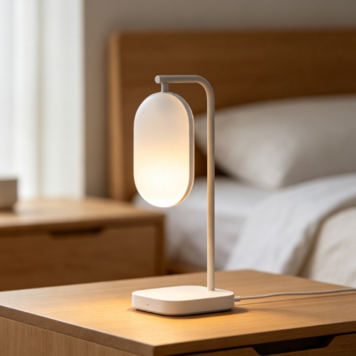 Adjustable Flexible-Arm Oval Soft-Light Sleep Lamp – Natural Wood Style Eye-Care Bedside Lamp with Charging Base